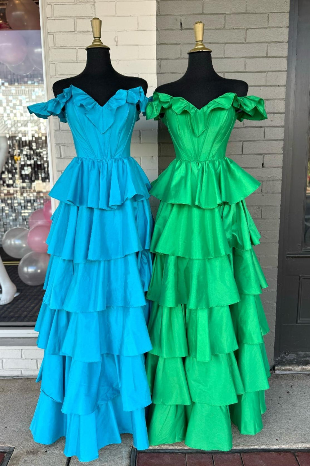 Off the Shoulder Emerald Tiered Long Dress with Slit