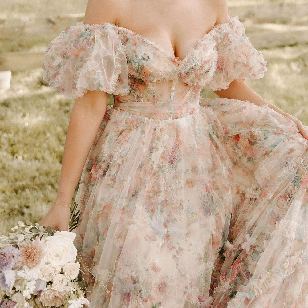 
                      
                        Off the Shoulder Floral Print Sheer A-line Long Dress
                      
                    