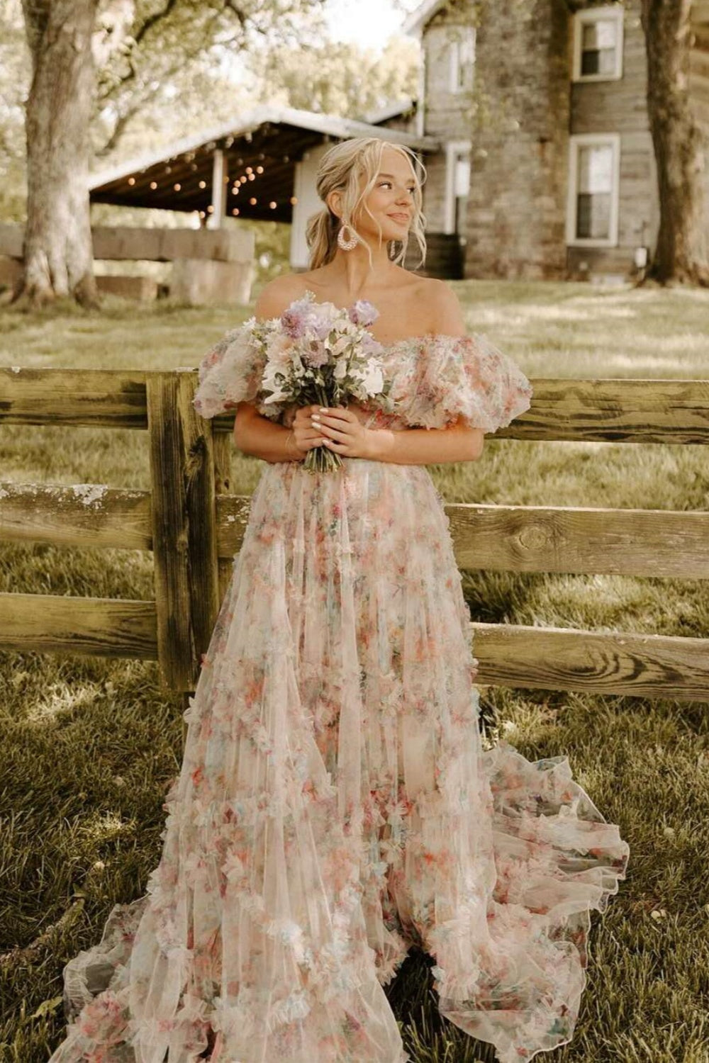 Off the Shoulder Floral Print Sheer A-line Long Dress