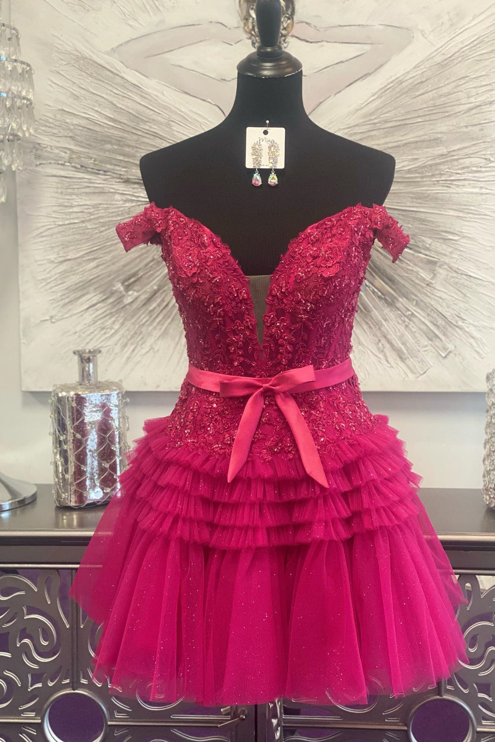 Off the Shoulder Fuchsia Appliques Homecoming Dress