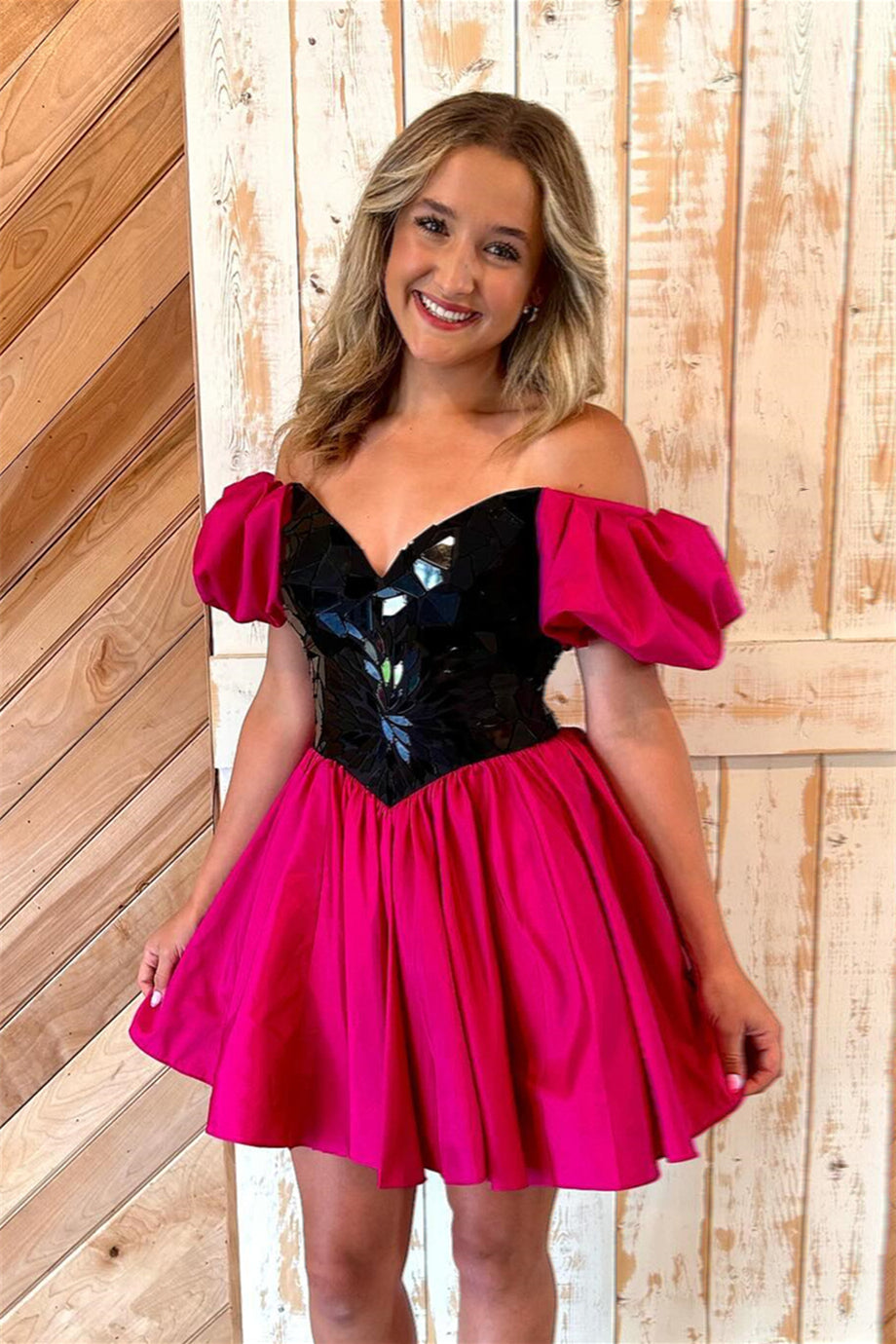 Off the Shoulder Fuchsia Mirror Glass Short Dress