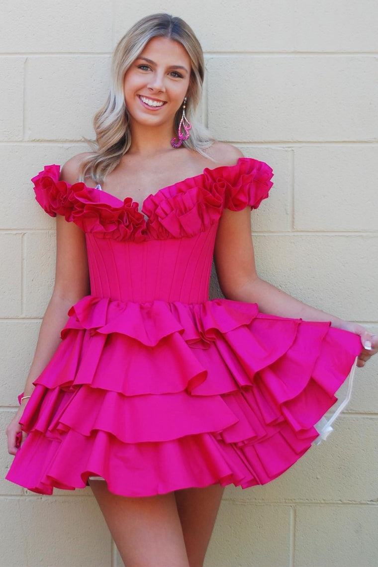 Off the Shoulder Hot Pink Tiered A-line Short Dress