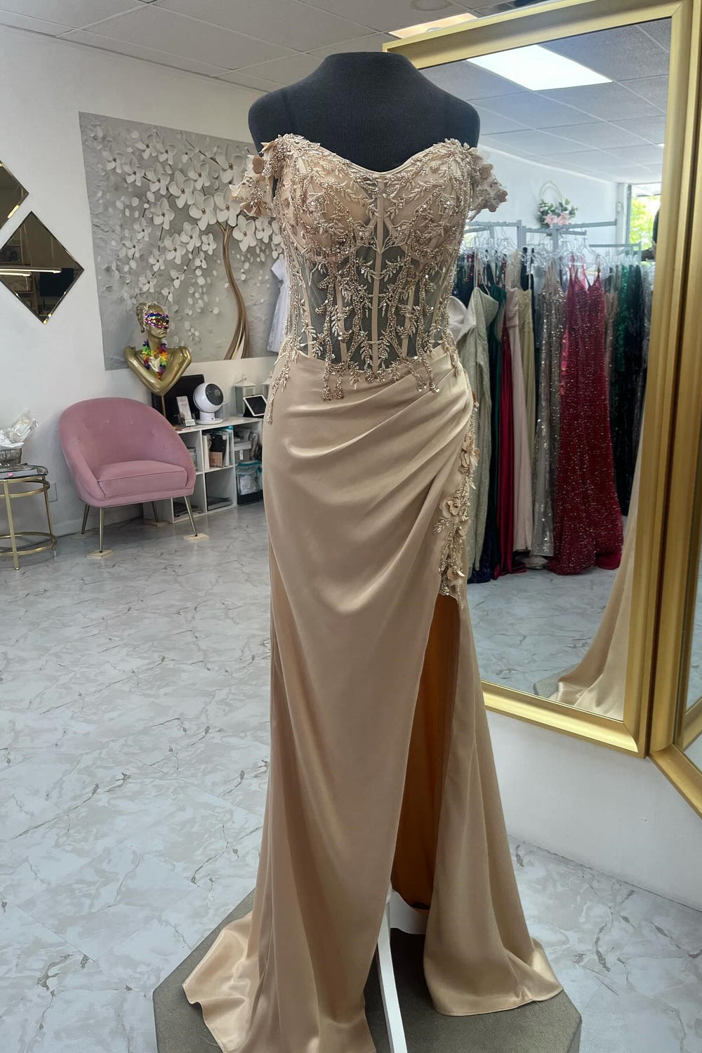 Off the Shoulder Gold Ruched Mermaid Long Dress