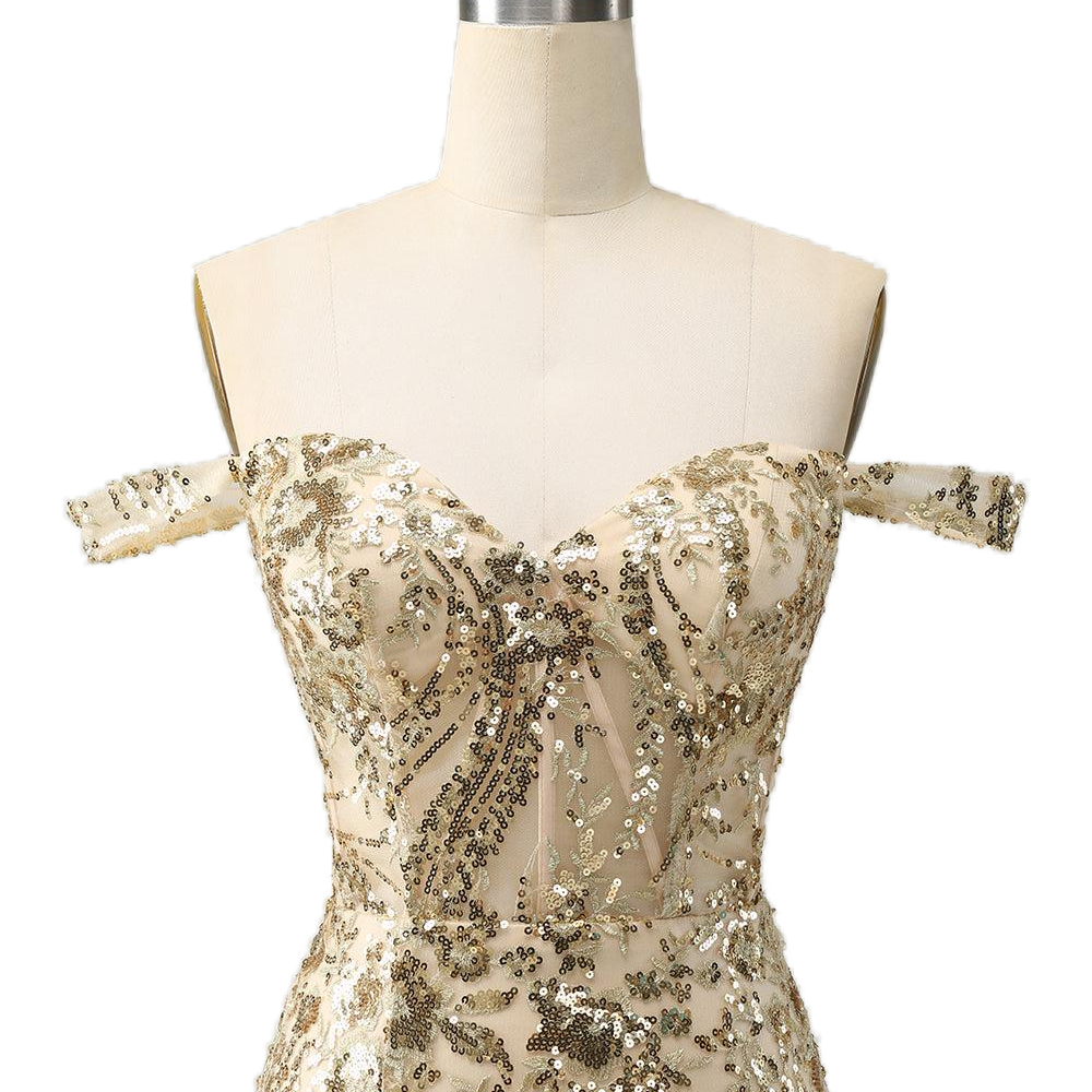 
                      
                        Off the Shoulder Golden Sequins Bodycon Short Dress
                      
                    