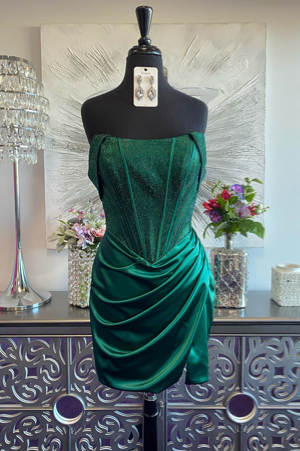 Off the Shoulder Green Beaded Bodycon Short Dress