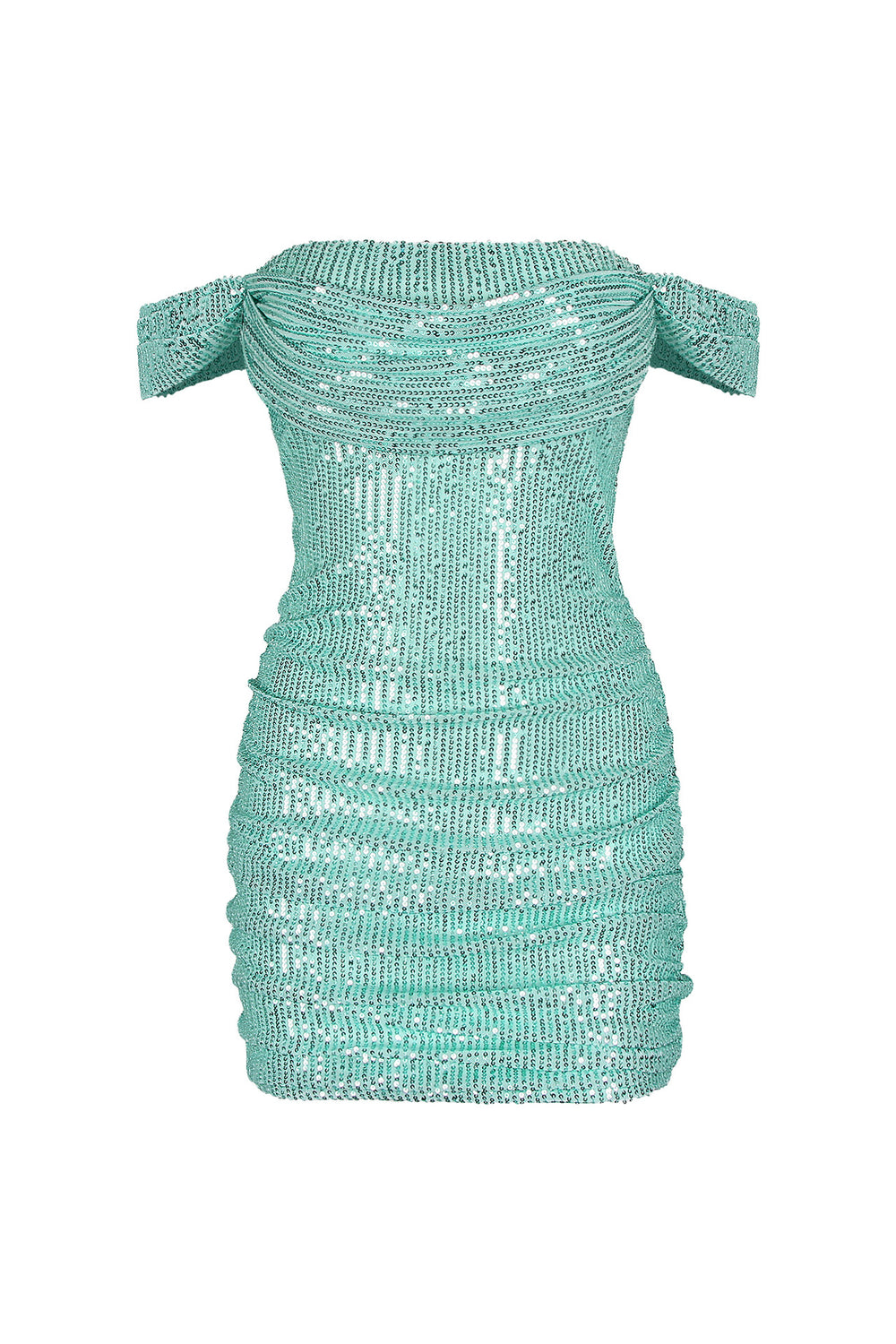 Off the Shoulder Green Ruched Sequin Short Dress