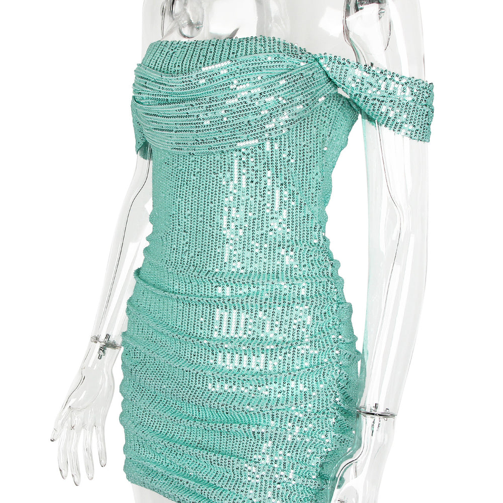 
                      
                        Off the Shoulder Green Ruched Sequin Short Dress
                      
                    