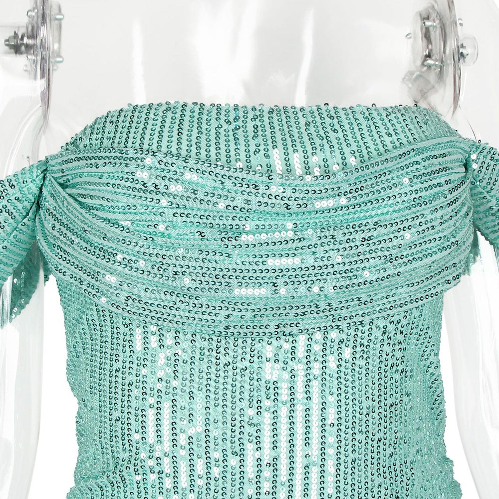 
                      
                        Off the Shoulder Green Ruched Sequin Short Dress
                      
                    