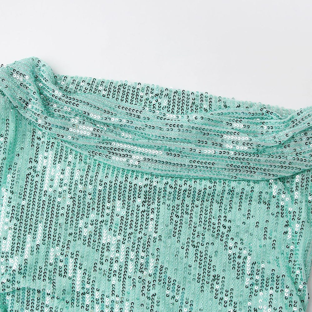 
                      
                        Off the Shoulder Green Ruched Sequin Short Dress
                      
                    