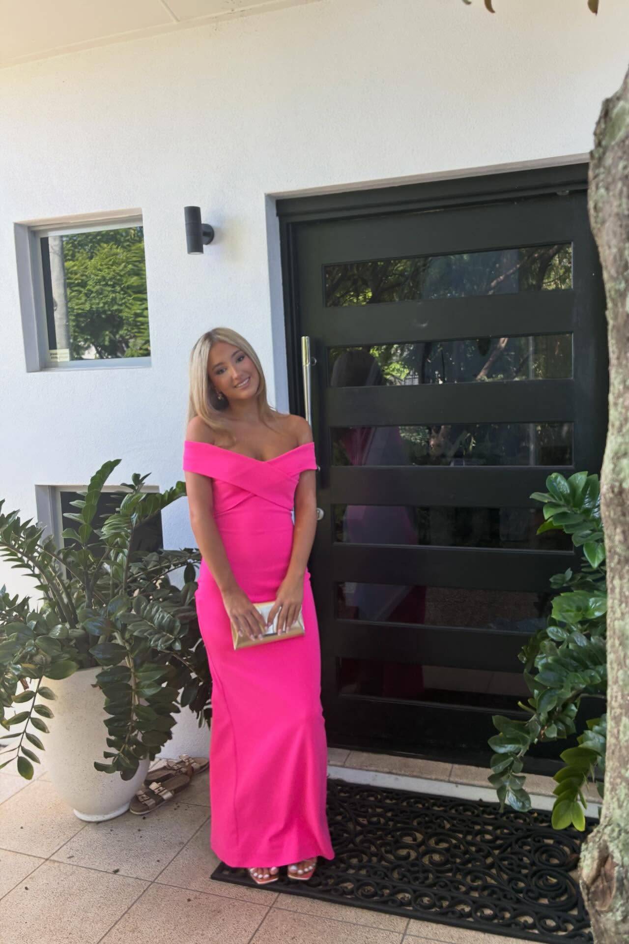 maxi hot pink prom dresses Hot Pink Scoop Neck Spaghetti Strap Long Prom Dress Modsele