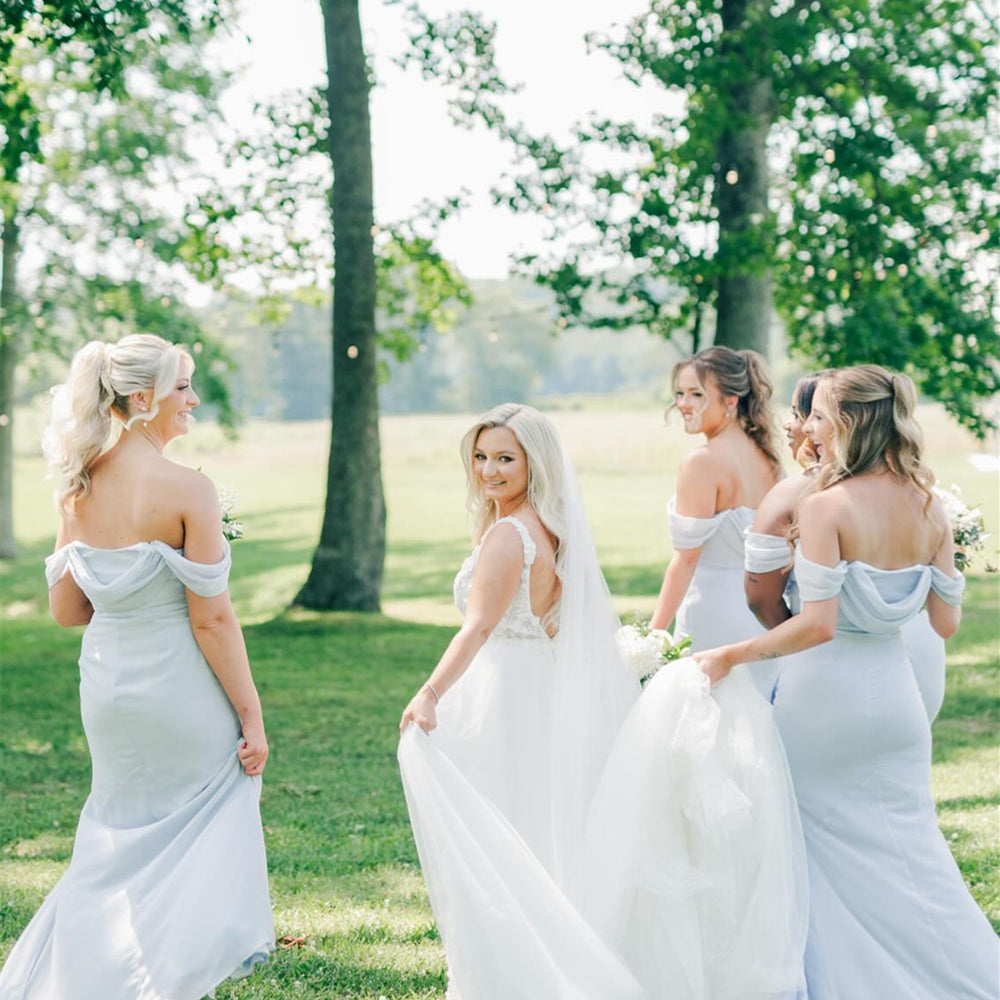 
                      
                        Off the Shoulder Ice Blue Cowl Neck Bridesmaid Dress
                      
                    