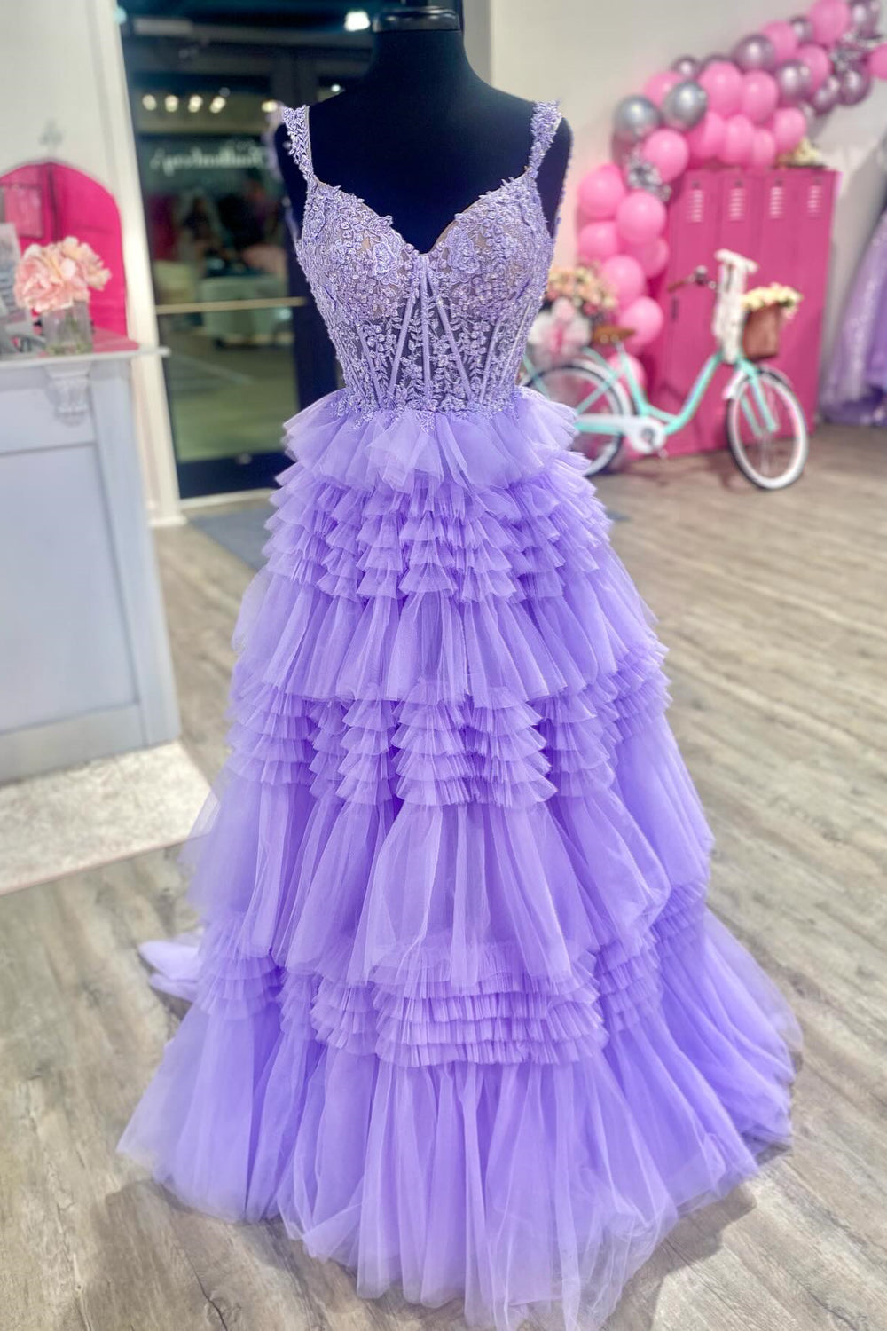 Off the Shoulder Lavender Appliques Tiered Long Dress