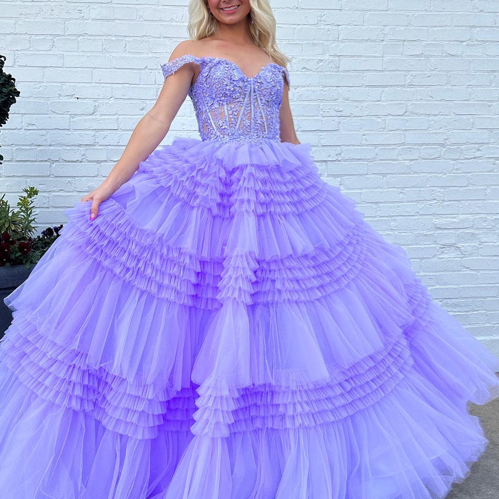 
                      
                        Off the Shoulder Lavender Appliques Tiered Long Dress
                      
                    