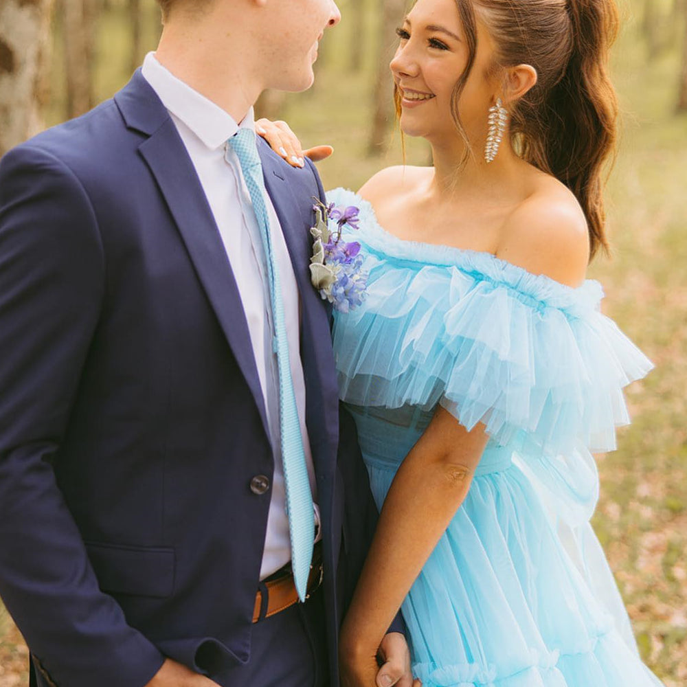 
                      
                        Off the Shoulder Light Blue A-line Long Dress
                      
                    