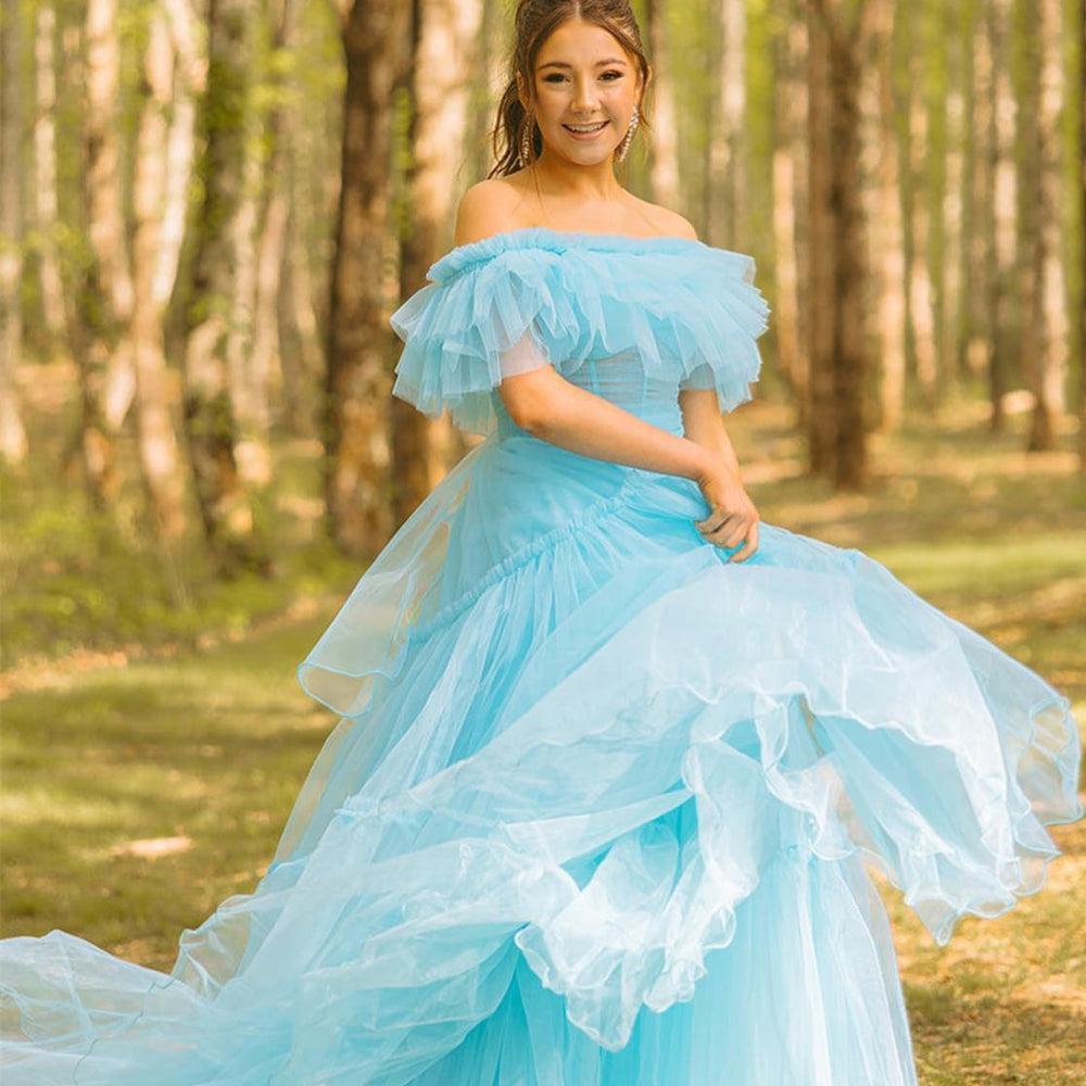 
                      
                        Off the Shoulder Light Blue A-line Long Dress
                      
                    