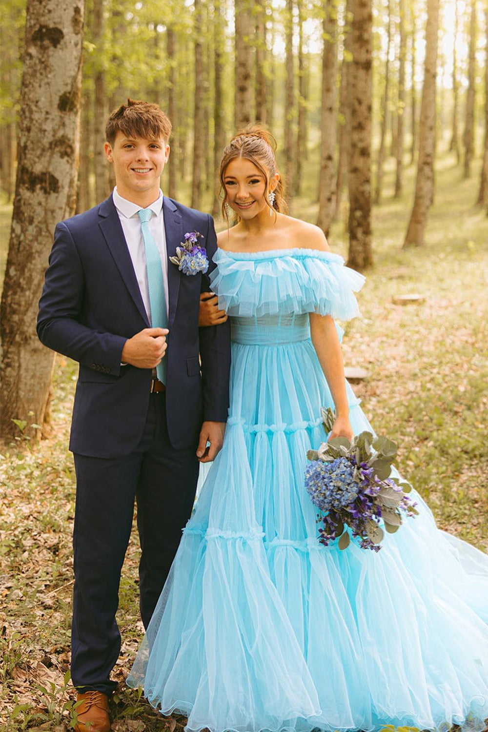 Off the Shoulder Light Blue A-line Long Dress