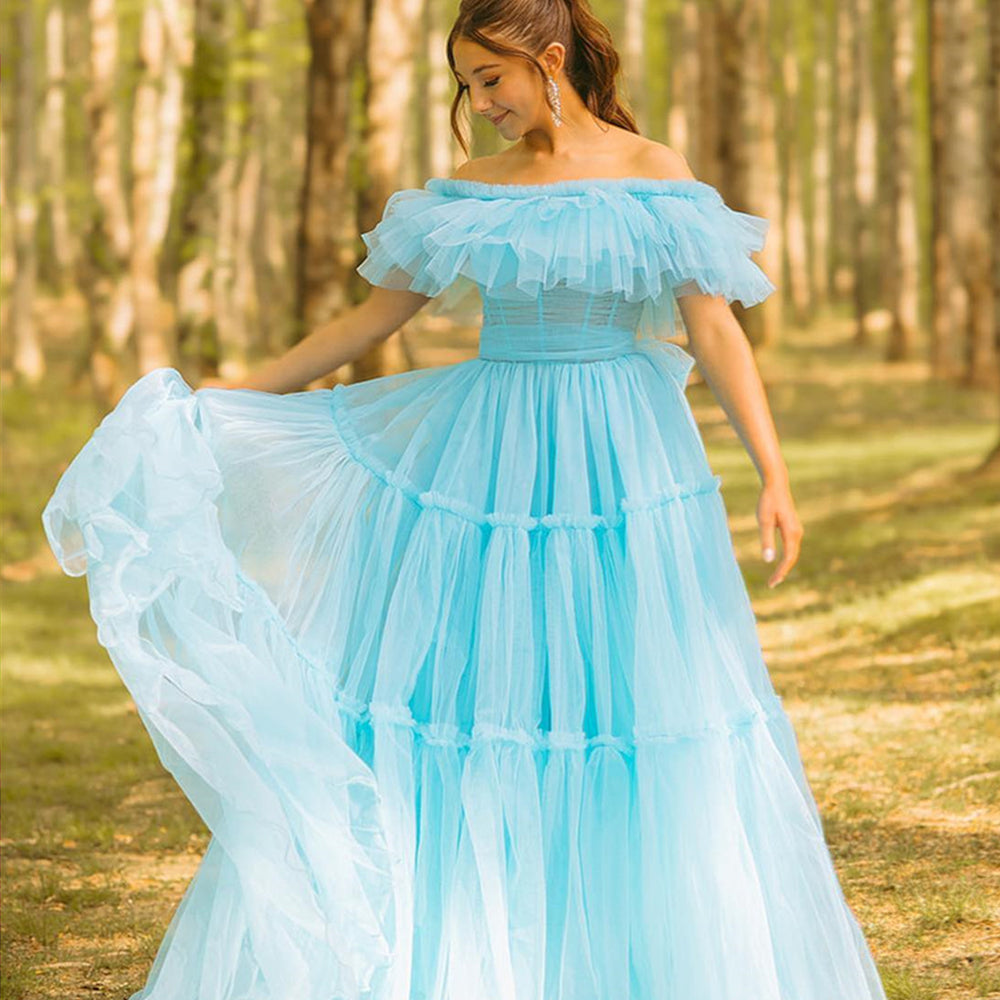 
                      
                        Off the Shoulder Light Blue A-line Long Dress
                      
                    