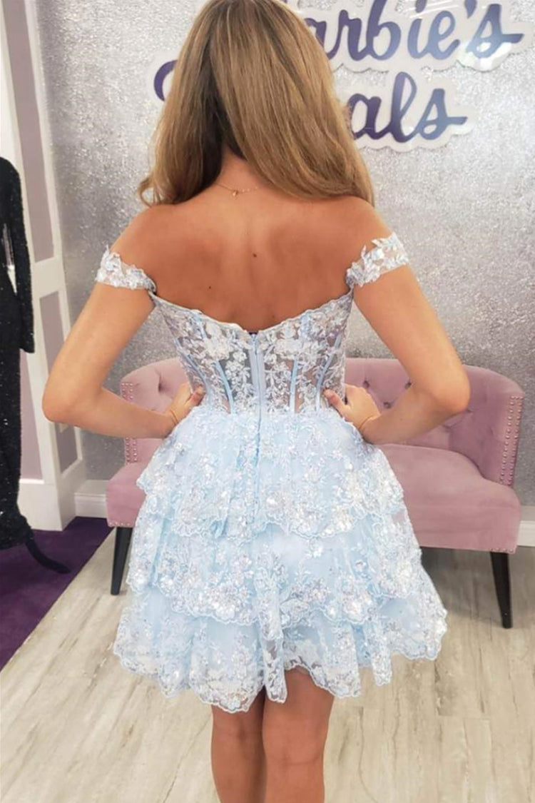 Light Blue Lace Appliques Tiered Short Dress – PollyBoutique