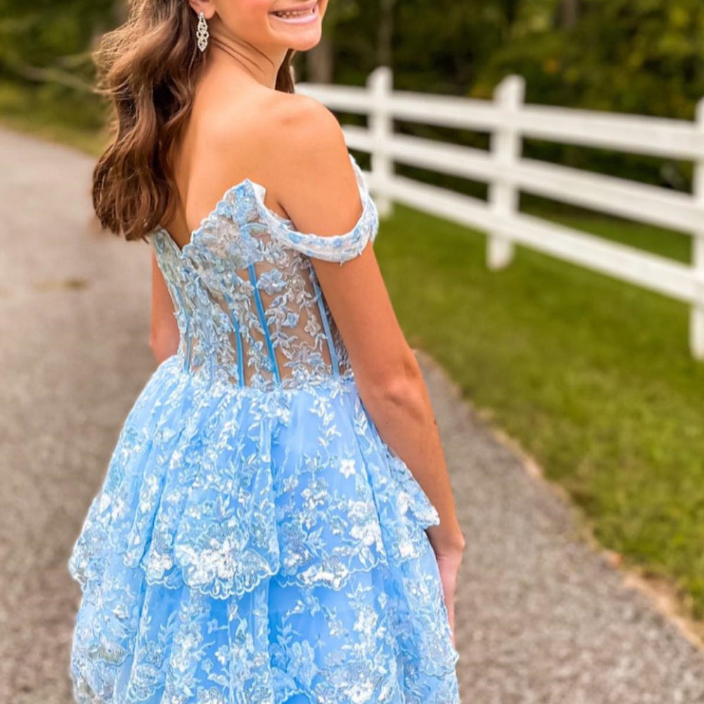 
                      
                        Light Blue Lace Appliques Tiered Short Dress
                      
                    