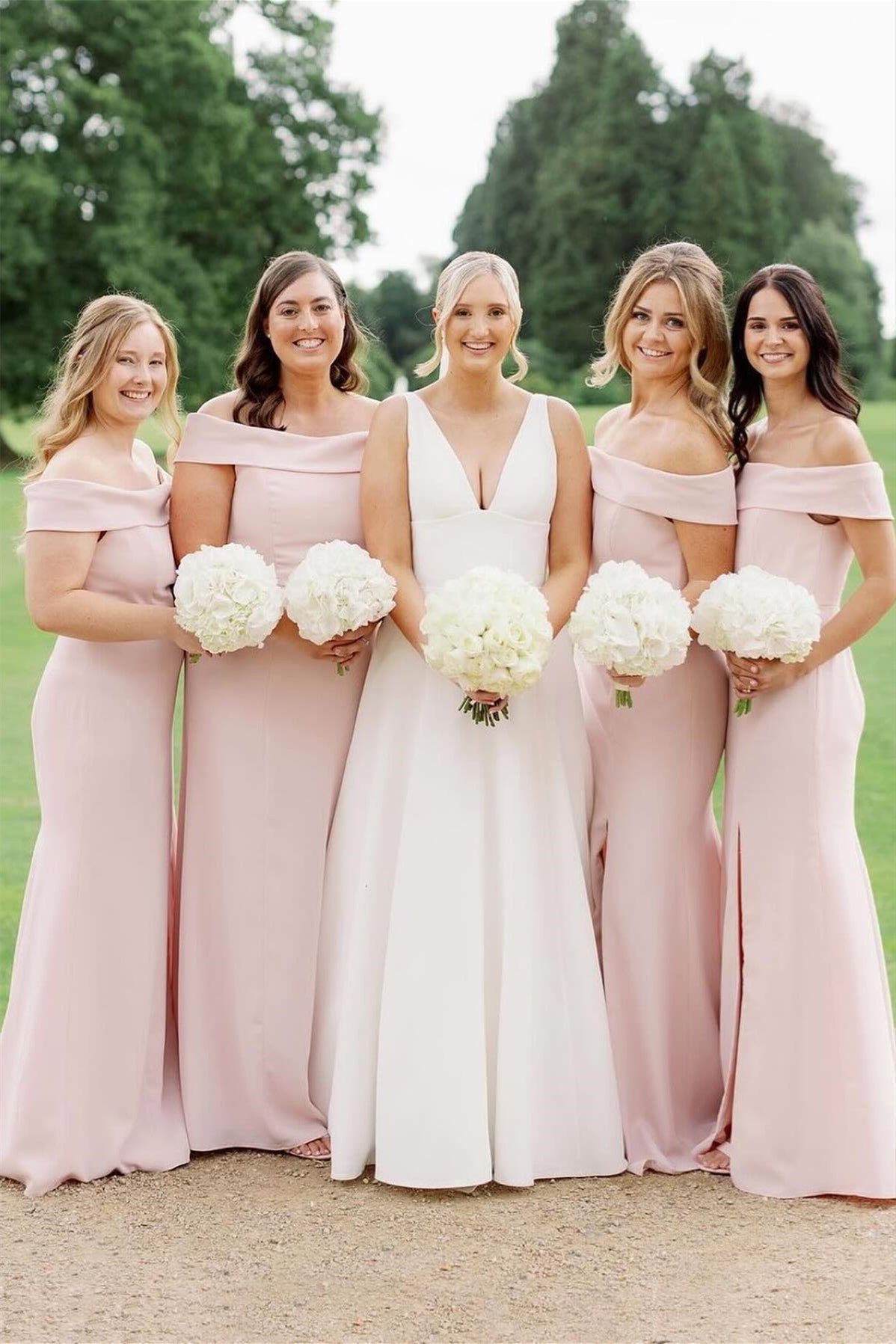 pale pink maid of honor dresses Chiffon A-line V-neck Long Bridesmaid Dress MBD161 the gown opens into a flowing A Off the Shoulder Light Pink