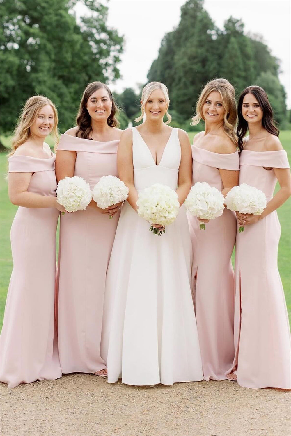 Off the Shoulder Light Pink Bridesmaid Dress