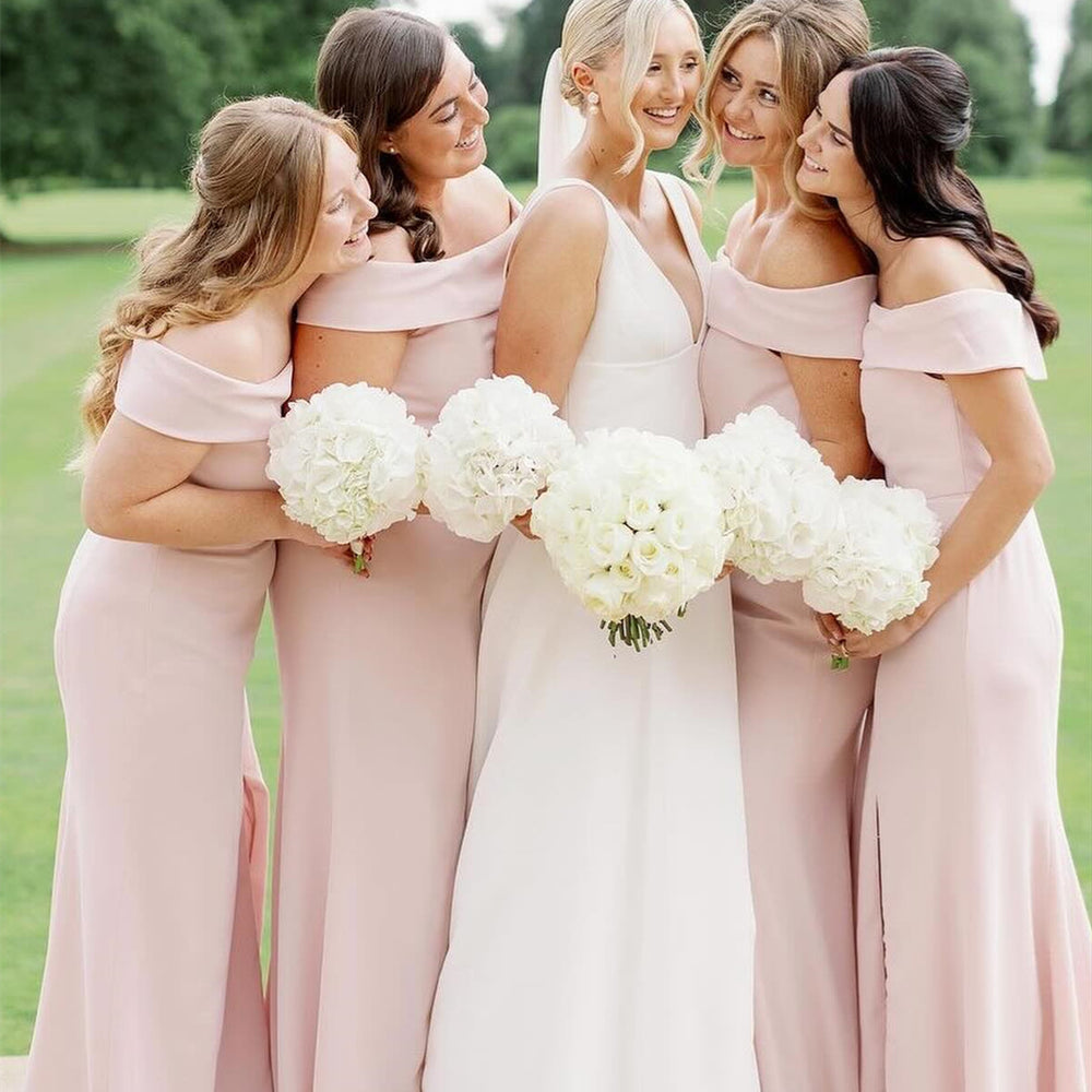Off the Shoulder Light Pink Bridesmaid Dress – PollyBoutique