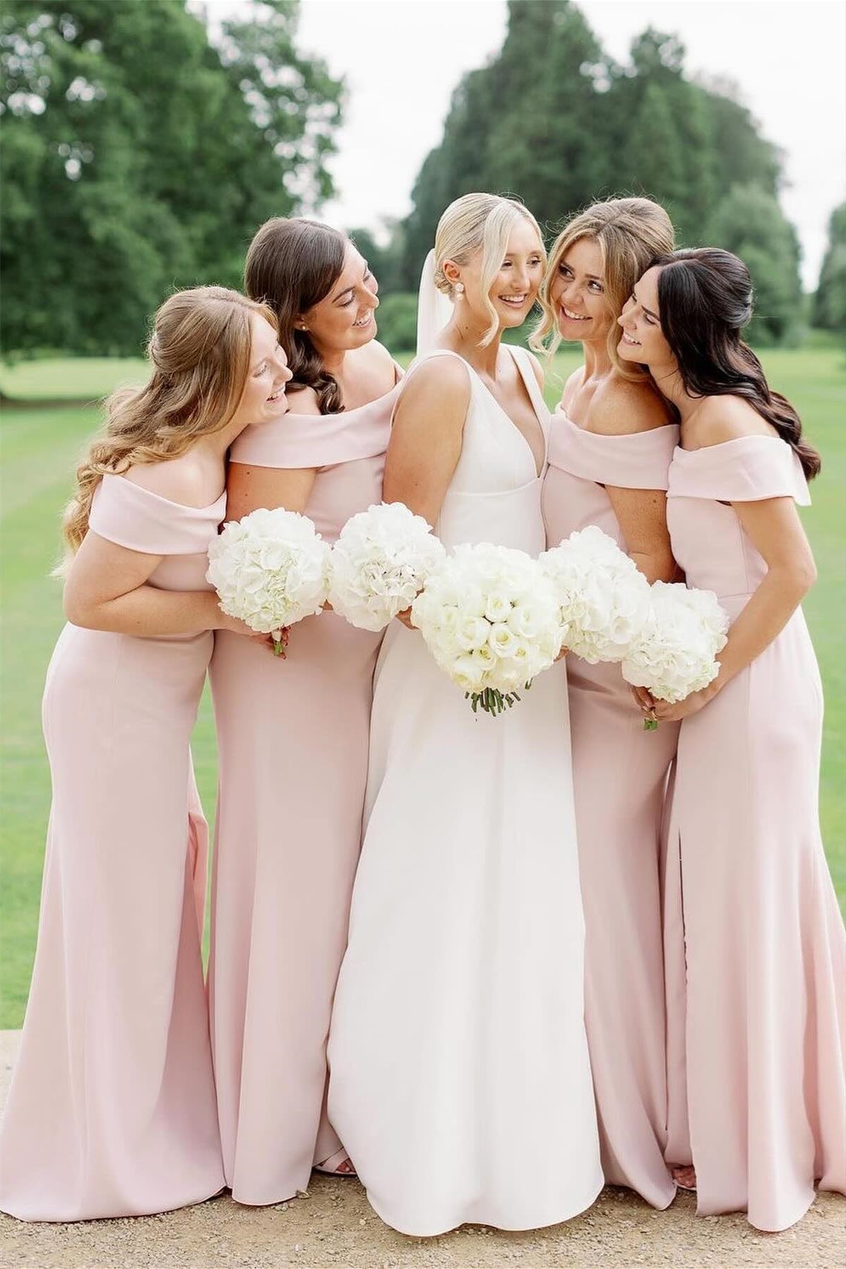 Off the Shoulder Light Pink Bridesmaid Dress – PollyBoutique