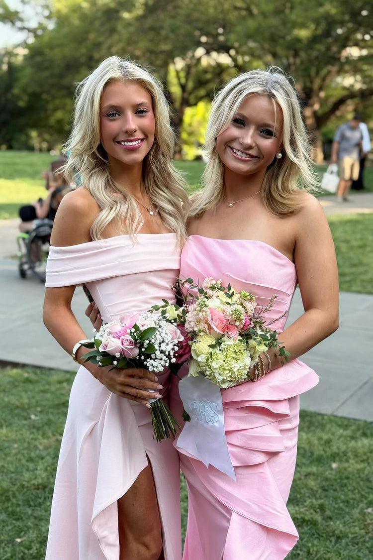 Off the Shoulder Chiffon Floor-Length Dress with Slit Blushing Pink Plus Size