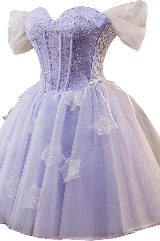 
                      
                        Off the Shoulder Lilac 3D Floral A-line Short Dress
                      
                    