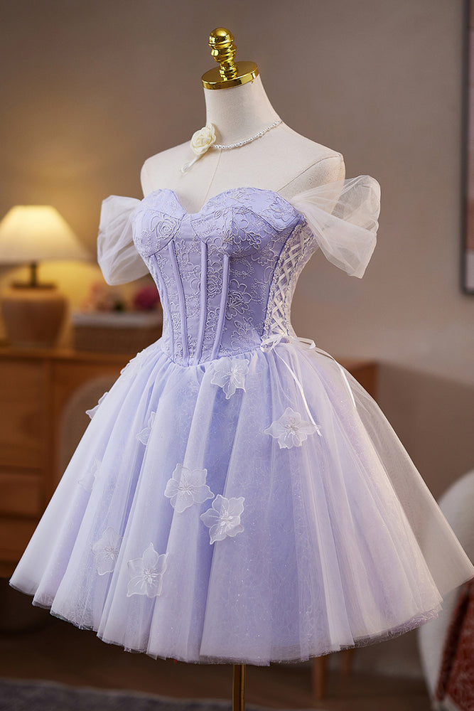 
                      
                        Off the Shoulder Lilac 3D Floral A-line Short Dress
                      
                    