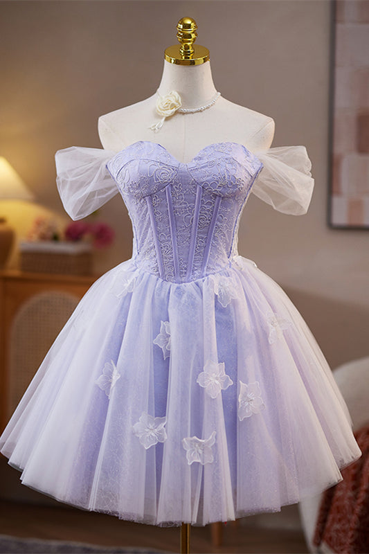 Off the Shoulder Lilac 3D Floral A-line Short Dress