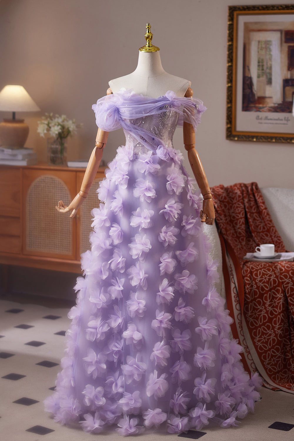 Off the Shoulder Lilac 3D Floral Long Dress with Sequins