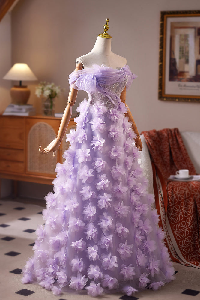 
                      
                        Off the Shoulder Lilac 3D Floral Long Dress with Sequins
                      
                    