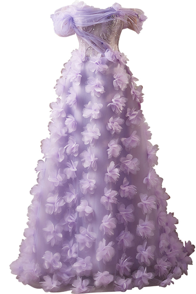 
                      
                        Off the Shoulder Lilac 3D Floral Long Dress with Sequins
                      
                    