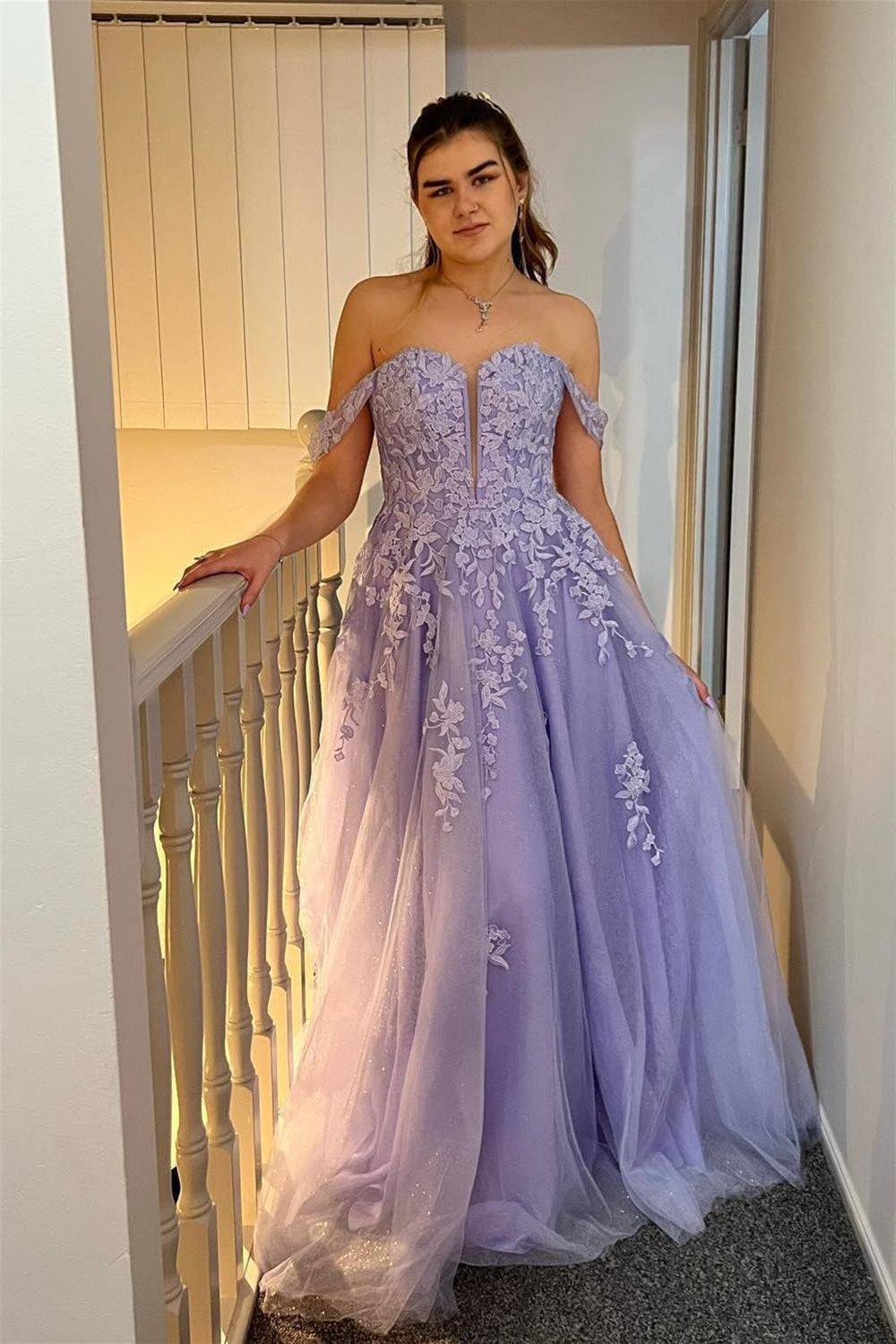 Off the Shoulder Lilac Appliques A-line Long Dress