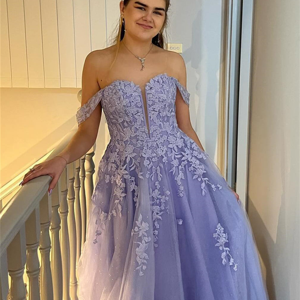 
                      
                        Off the Shoulder Lilac Appliques A-line Long Dress
                      
                    