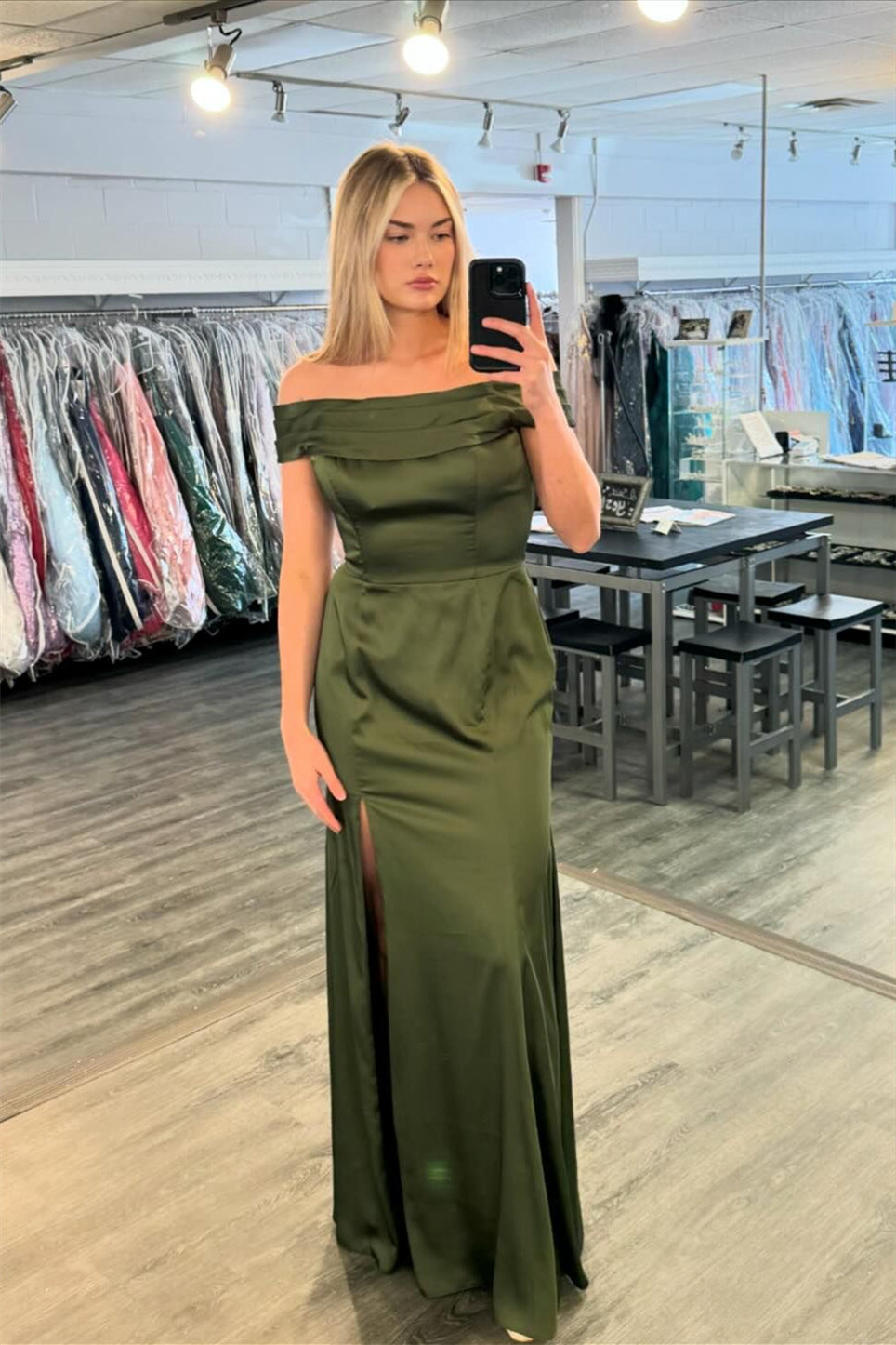 Off the Shoulder Olive Bridesmaid Dress with Slit