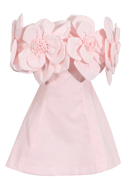 Off the Shoulder Pink 3D Floral A-line Short Dress