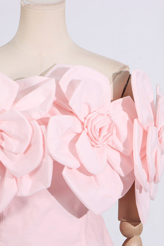 
                      
                        Off the Shoulder Pink 3D Floral A-line Short Dress
                      
                    