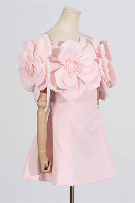 
                      
                        Off the Shoulder Pink 3D Floral A-line Short Dress
                      
                    