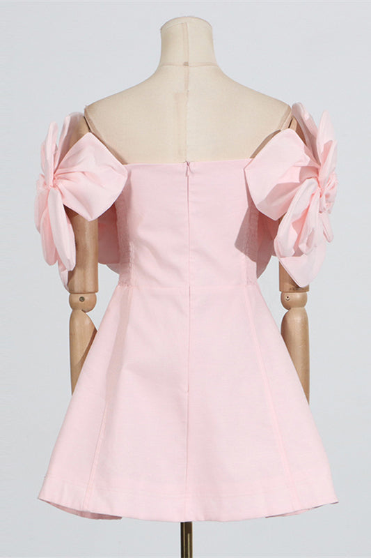
                      
                        Off the Shoulder Pink 3D Floral A-line Short Dress
                      
                    