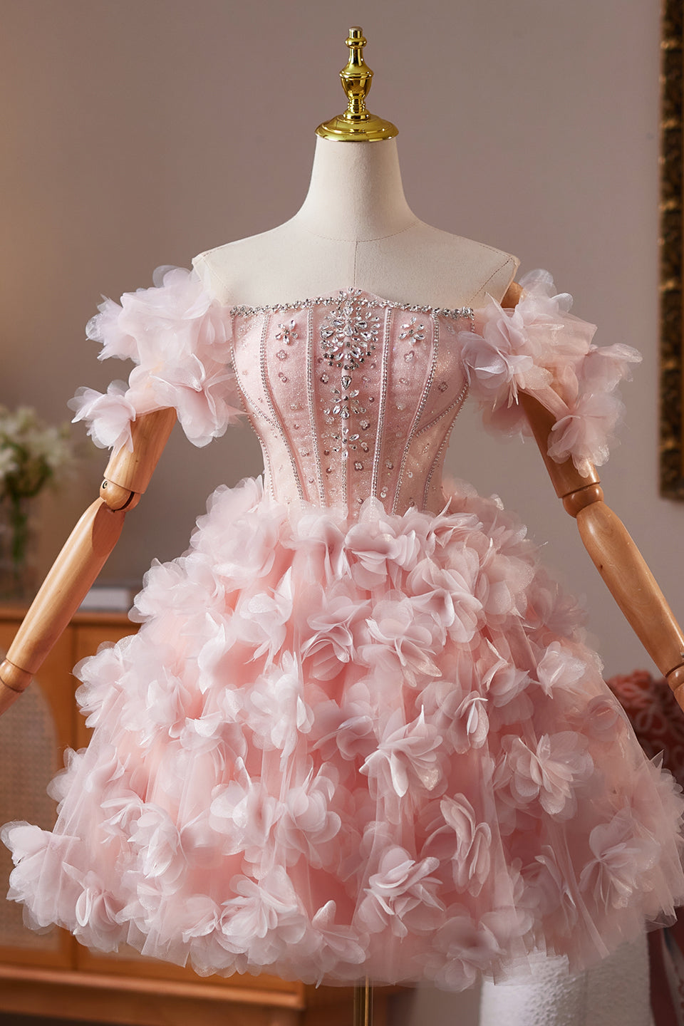 Off the Shoulder Pink 3D Floral Short Dress with Beaded