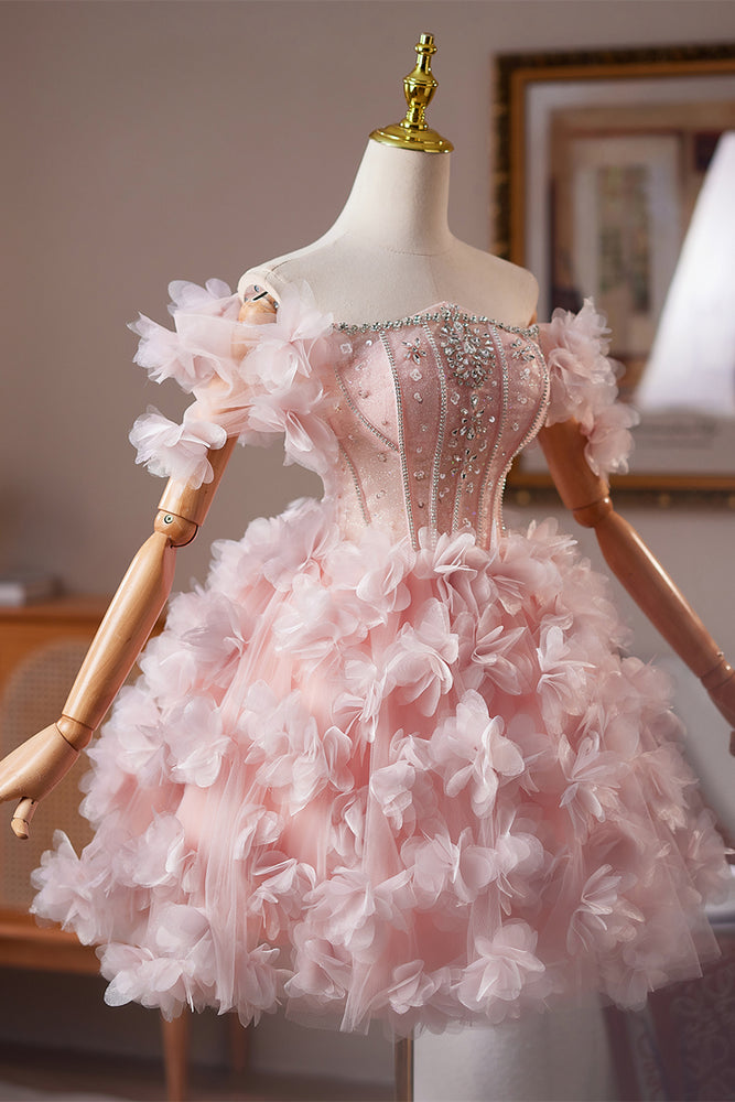 
                      
                        Off the Shoulder Pink 3D Floral Short Dress with Beaded
                      
                    