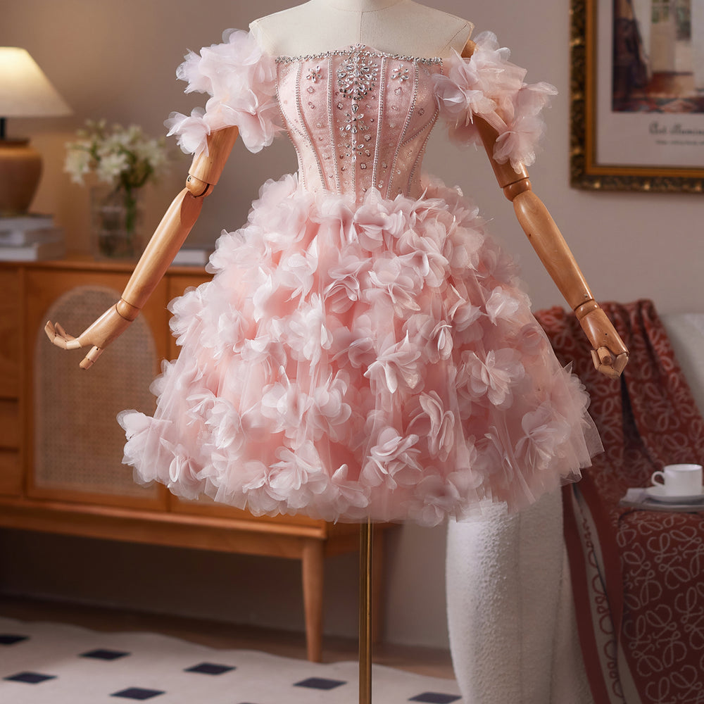 
                      
                        Off the Shoulder Pink 3D Floral Short Dress with Beaded
                      
                    