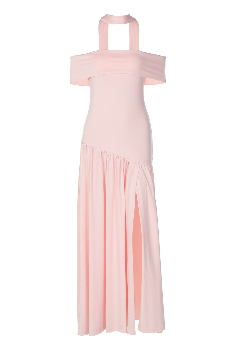 Off the Shoulder Pink A-line Long Dress with a Scarf
