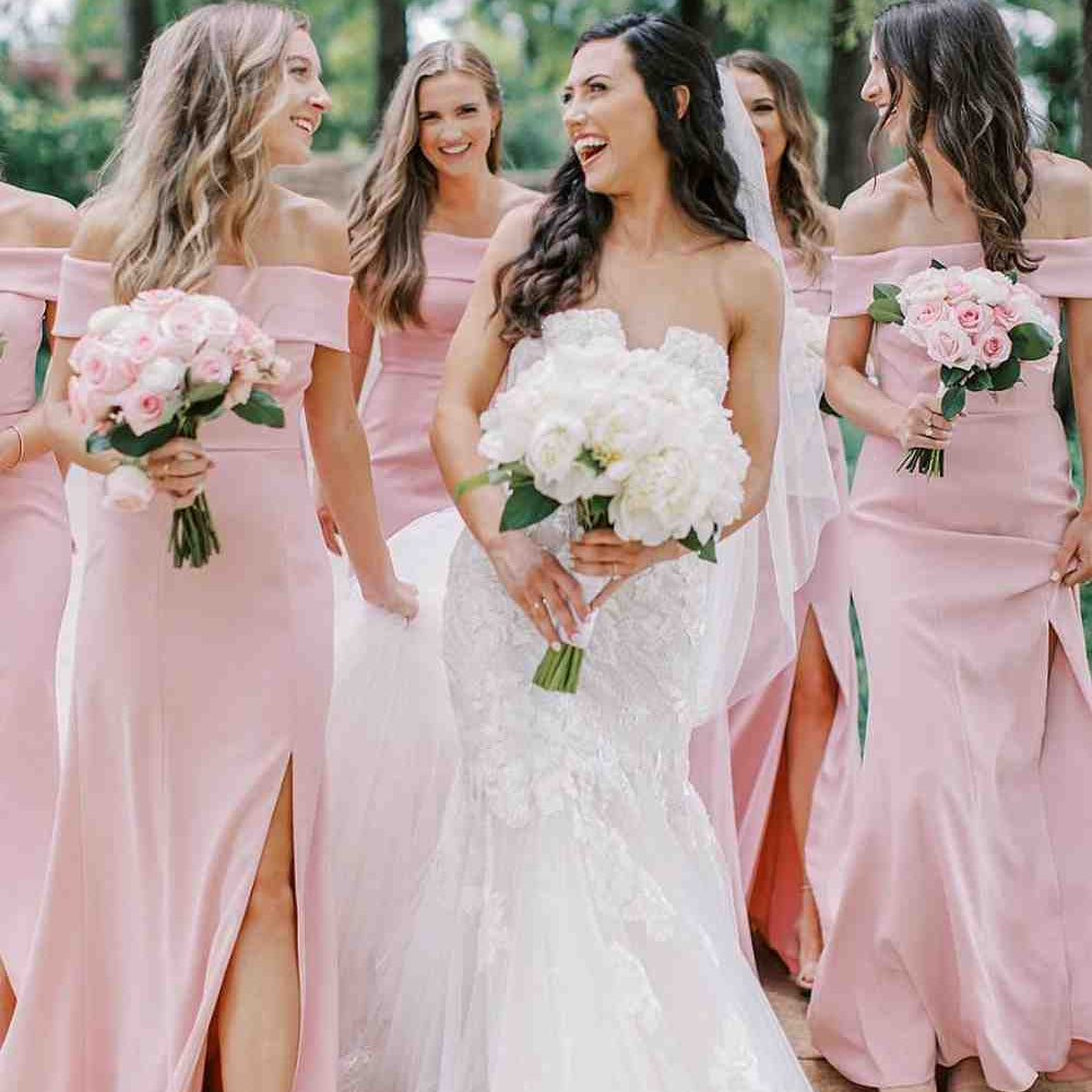 
                      
                        Off the Shoulder Pink Bridesmaid Dress with Slit
                      
                    