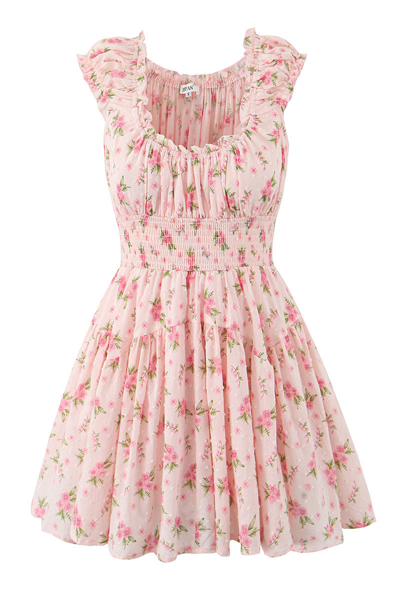 Off the Shoulder Pink Floral Print A-line Short Dress