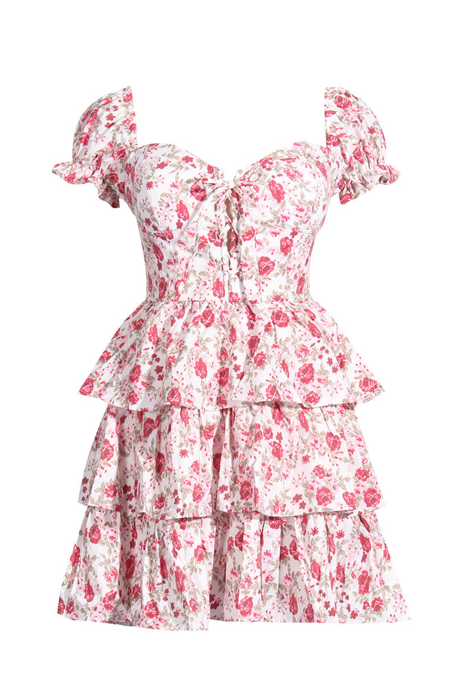 
                      
                        Off the Shoulder Pink Floral Print Tiered Short Dress
                      
                    