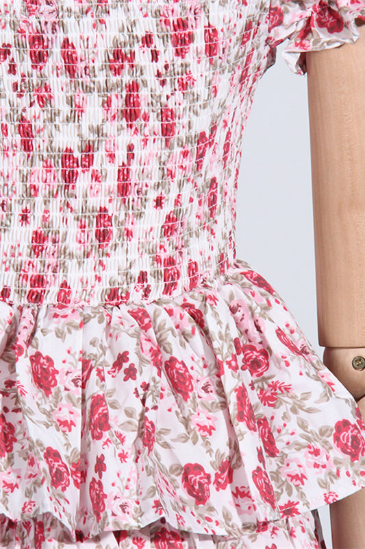 
                      
                        Off the Shoulder Pink Floral Print Tiered Short Dress
                      
                    