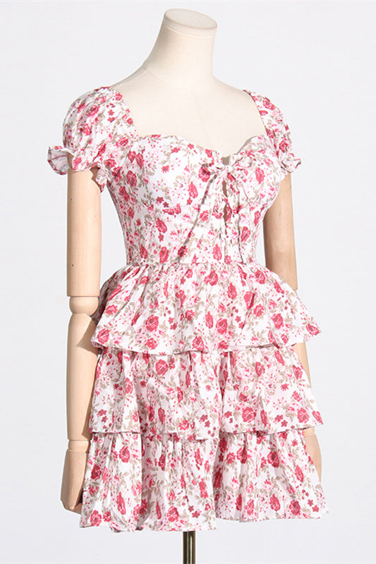 
                      
                        Off the Shoulder Pink Floral Print Tiered Short Dress
                      
                    